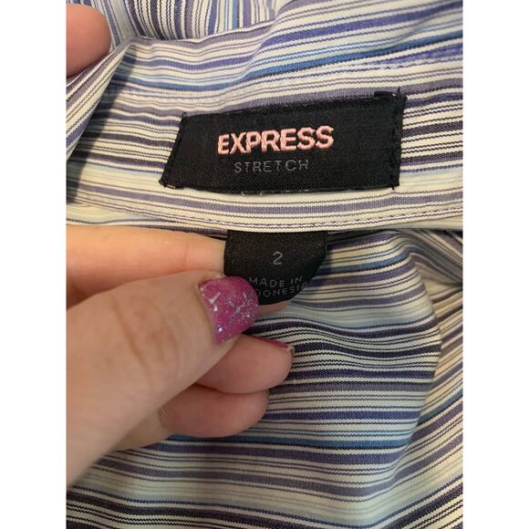 Express purple white stretch pinstripes buttoned shirt size 2 - Picture 3 of 7